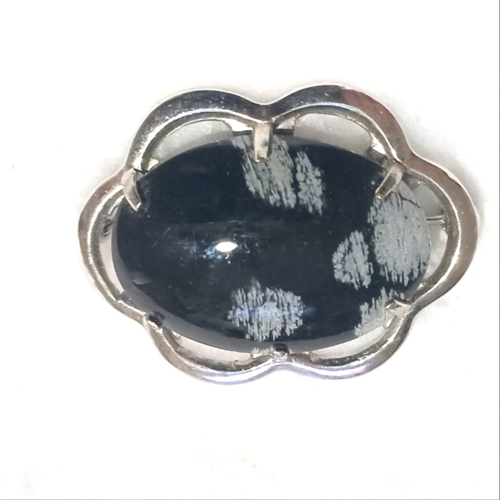 Vintage Silver Tone Snowflake Obsidian Broach